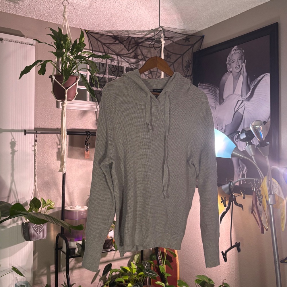 Love Ellie Women Waffle Knit Hoodie Gray Long‎ Sleeve Drawstring Pullover Top